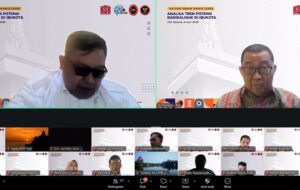 Two speakers in a split-screen video call; left man in sunglasses, right man with glasses, both with event banners in the background.