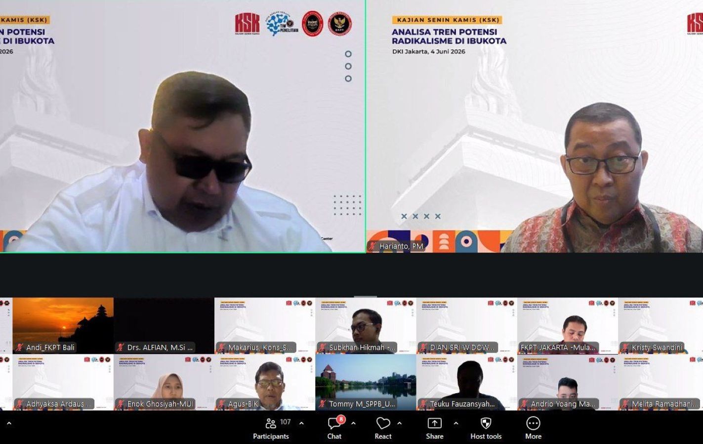 Two speakers in a split-screen video call; left man in sunglasses, right man with glasses, both with event banners in the background.