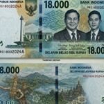Indonesian 18,000-rupiah banknote front: portraits of state figures with blue-green design and official seals (front side)