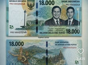 Indonesian 18,000-rupiah banknote front: portraits of state figures with blue-green design and official seals (front side)