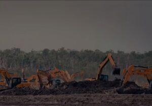 Several orange excavators work on a dirt site with a large pile of debris in the foreground, trees in the background.