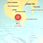 Map showing a M7.7 earthquake near Mindanao, Philippines on 8 Jun 2026 (06.37.42 WIB) off the southern coast near Davao City and surrounding towns.