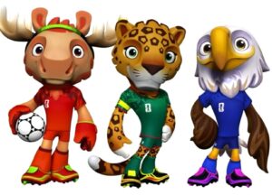 Three cartoon animal mascots in soccer uniforms: a red-moose with a ball, a green-leopard, and a blue-eagle stand together.