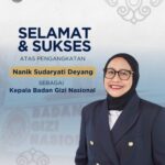 Banner with a smiling woman in a navy blazer, congratulating on appointment from Badan Gizi Nasional; includes large Indonesian text and logo in top left.