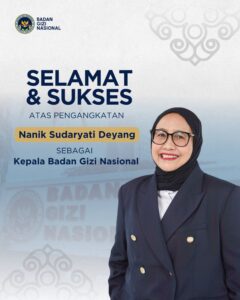 Banner with a smiling woman in a navy blazer, congratulating on appointment from Badan Gizi Nasional; includes large Indonesian text and logo in top left.