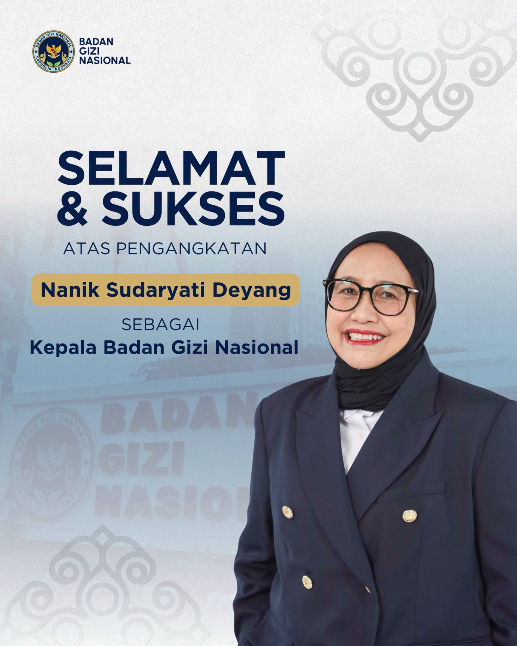 Banner with a smiling woman in a navy blazer, congratulating on appointment from Badan Gizi Nasional; includes large Indonesian text and logo in top left.