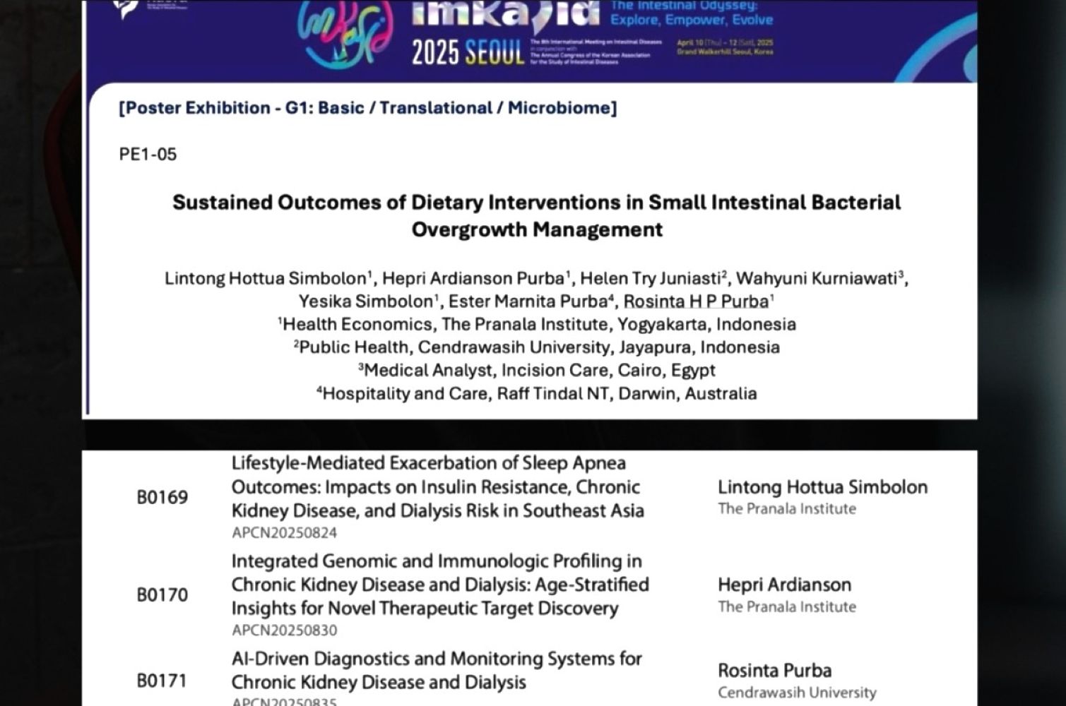 Conference poster slide showing the study title 'Sustained Outcomes of Dietary Interventions in Small Intestinal Bacterial Overgrowth Management' with author list and affiliations; IMKA 2025 Seoul branding at top.