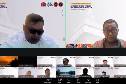 Two speakers in a split-screen video call; left man in sunglasses, right man with glasses, both with event banners in the background.