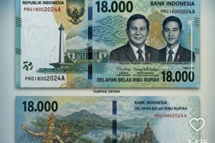 Indonesian 18,000-rupiah banknote front: portraits of state figures with blue-green design and official seals (front side)