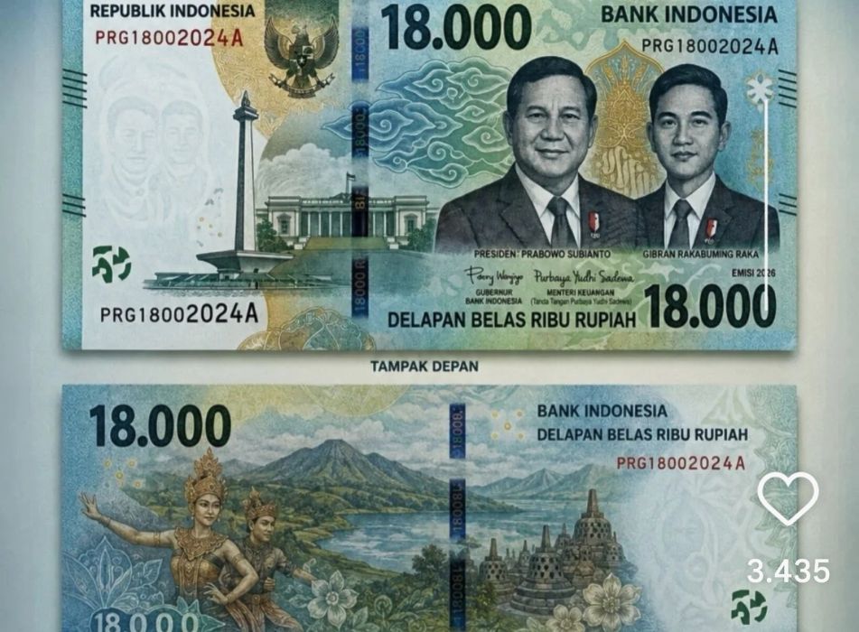 Indonesian 18,000-rupiah banknote front: portraits of state figures with blue-green design and official seals (front side)