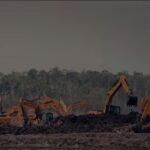 Several orange excavators work on a dirt site with a large pile of debris in the foreground, trees in the background.