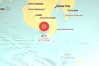 Map showing a M7.7 earthquake near Mindanao, Philippines on 8 Jun 2026 (06.37.42 WIB) off the southern coast near Davao City and surrounding towns.