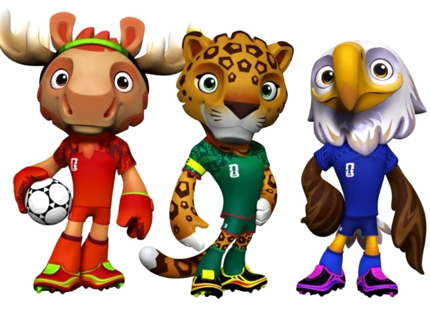 Three cartoon animal mascots in soccer uniforms: a red-moose with a ball, a green-leopard, and a blue-eagle stand together.