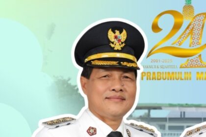 Portrait of a man in a white ceremonial uniform and gold-trimmed peaked cap, outlined in white, with a festive backdrop celebrating Prabumulih's 24th anniversary (2001–2025).