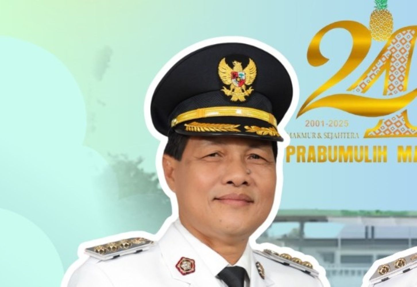 Portrait of a man in a white ceremonial uniform and gold-trimmed peaked cap, outlined in white, with a festive backdrop celebrating Prabumulih's 24th anniversary (2001–2025).