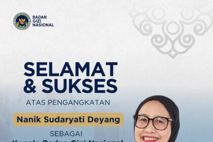 Banner with a smiling woman in a navy blazer, congratulating on appointment from Badan Gizi Nasional; includes large Indonesian text and logo in top left.