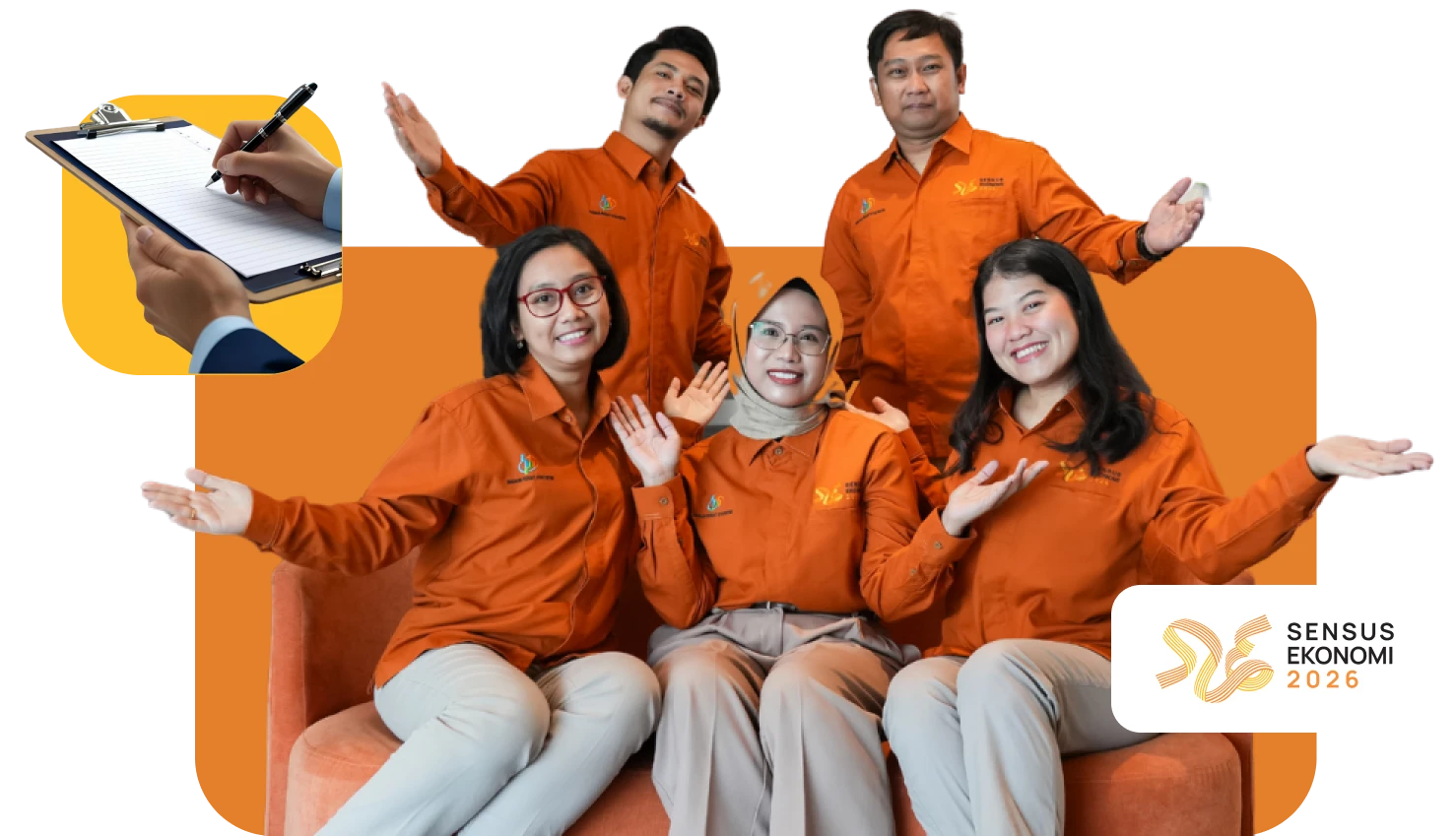 Group of five people in orange uniforms sit on an orange sofa, smiling and waving; Sensus Ekonomi 2026 logo visible in the corner.